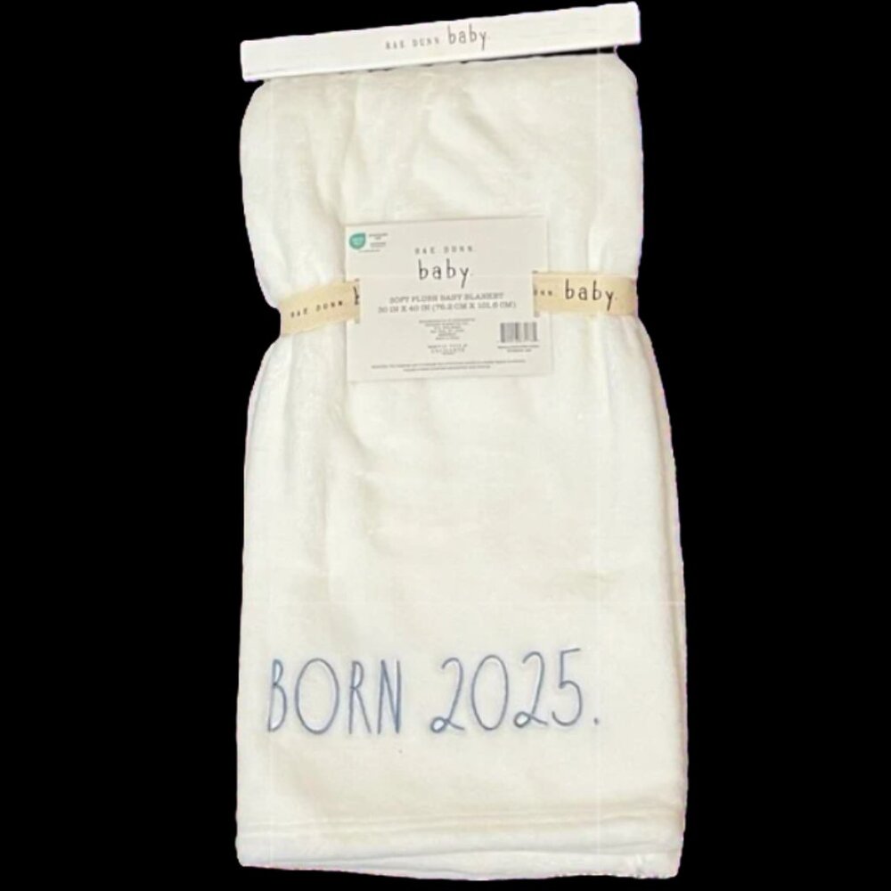 NWT Rae Dunn soft plush baby boy blanket, born 2025. 30“ x 40“